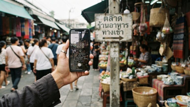Telefon s překladačem na tržnici v cizině