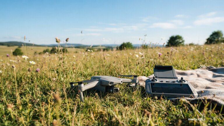 Skládací dron s ovladačem na louce