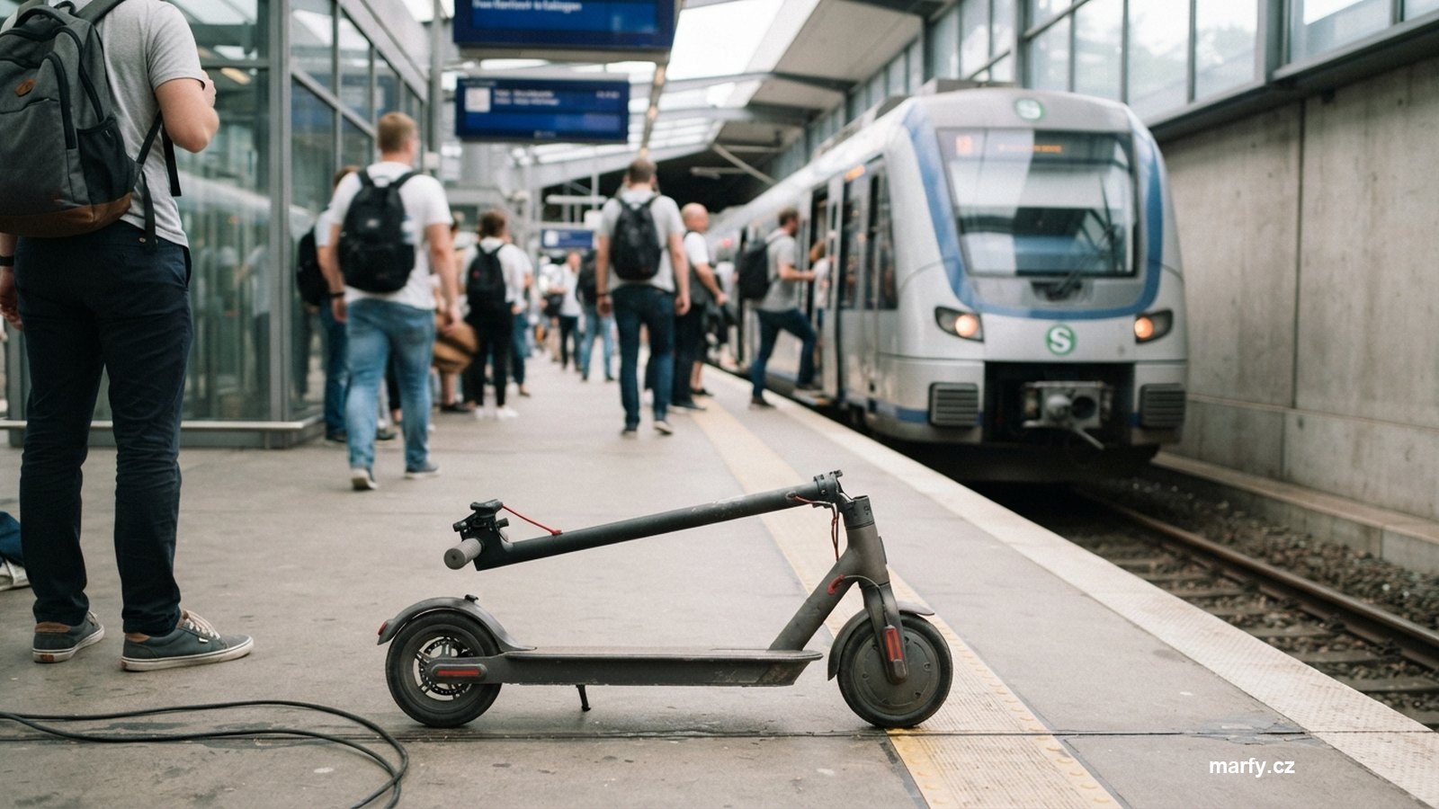 Složená elektrická koloběžka u nástupiště