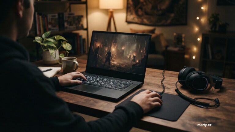 Herní notebook na pracovním stole