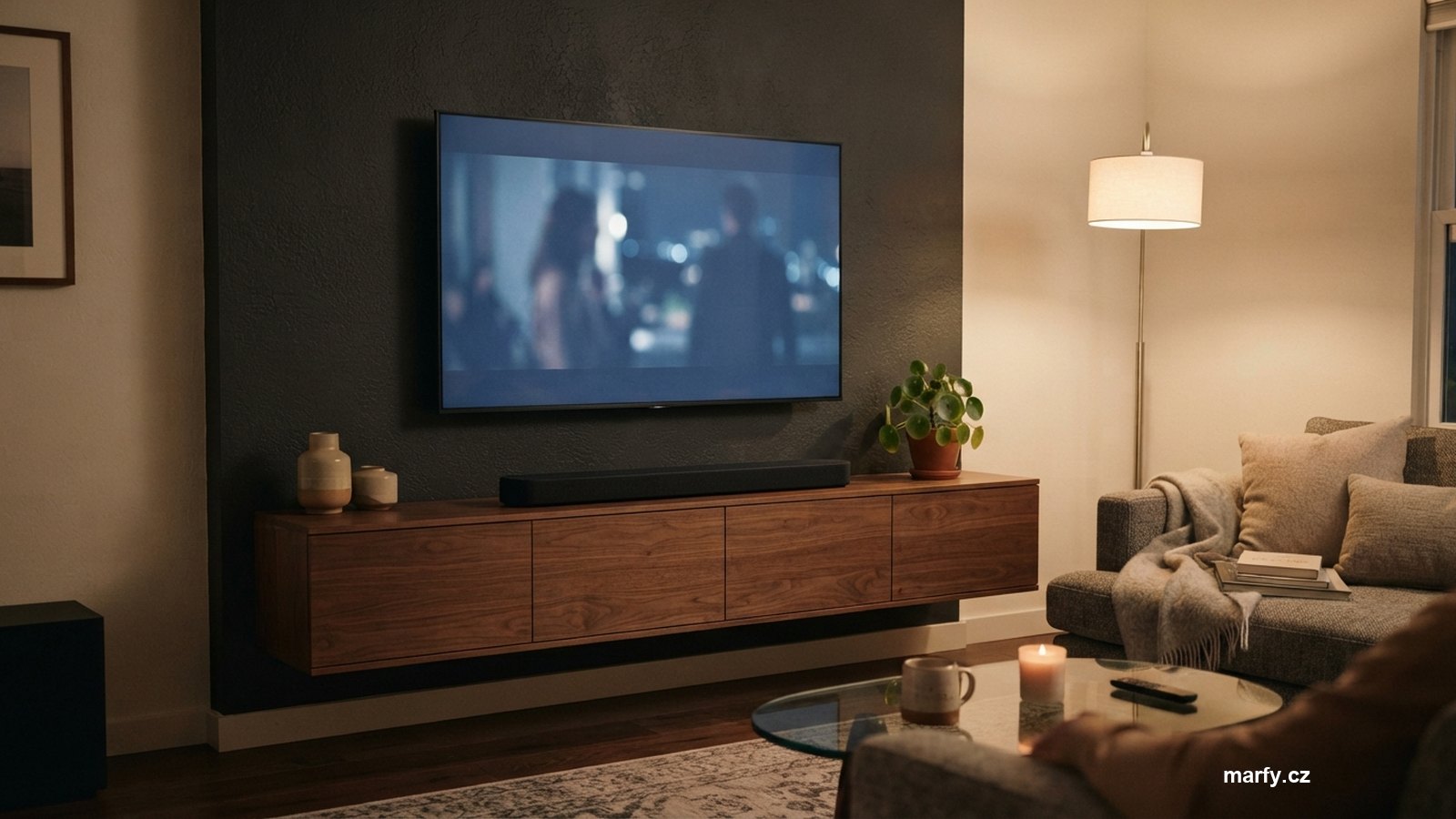 Soundbar pod televizí v obývacím pokoji
