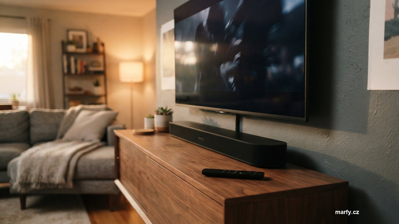 Televize se soundbarem v obývacím pokoji