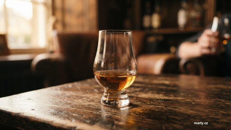 Sklenice whisky na dřevěném stole