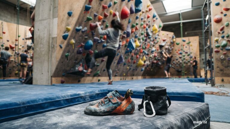 Boulderová stěna s chyty a lezečkami