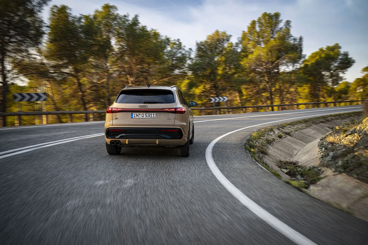 Audi Q5 třetí generace při pohledu zezadu na silnici